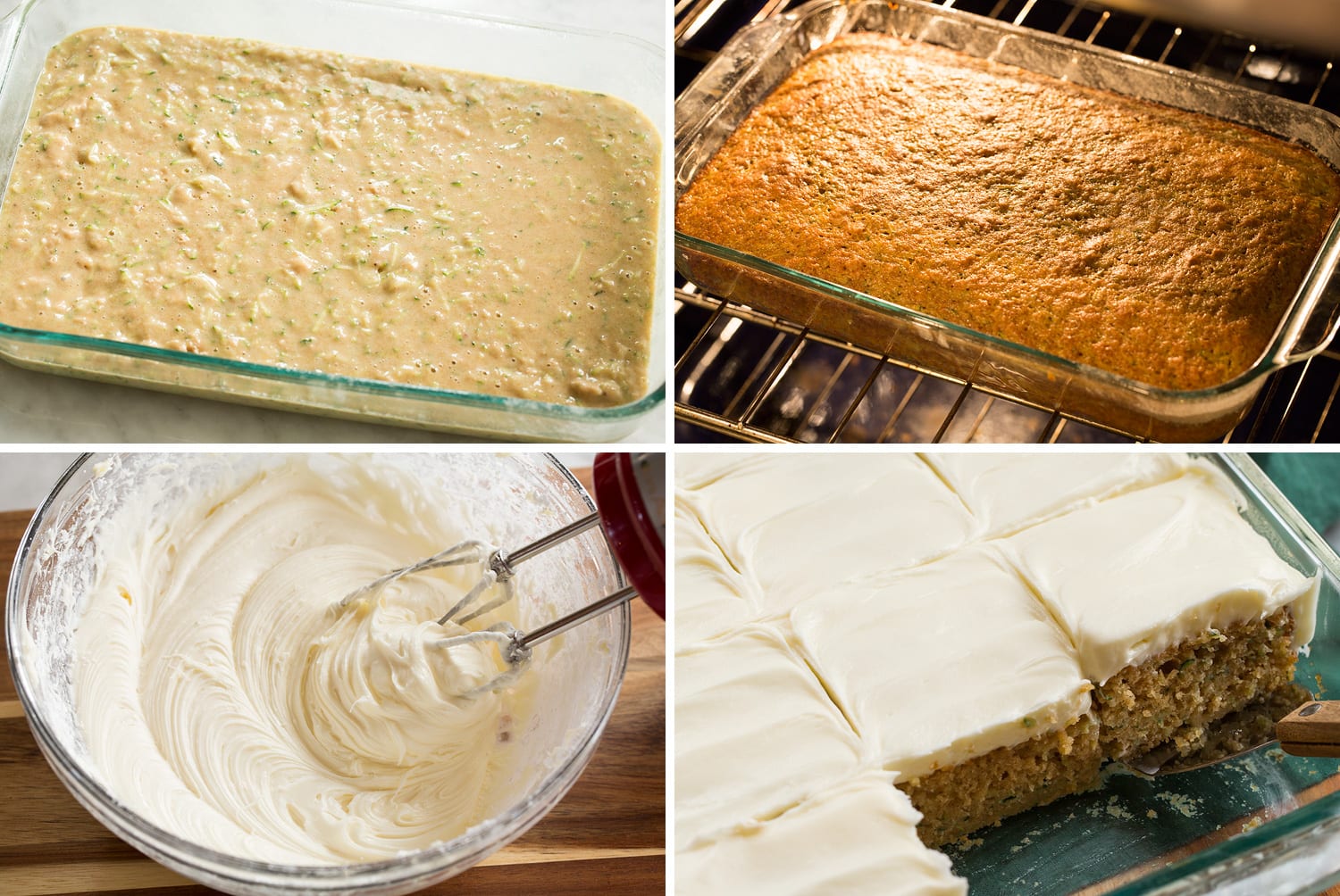 Baking zucchini cake and topping with frosting.