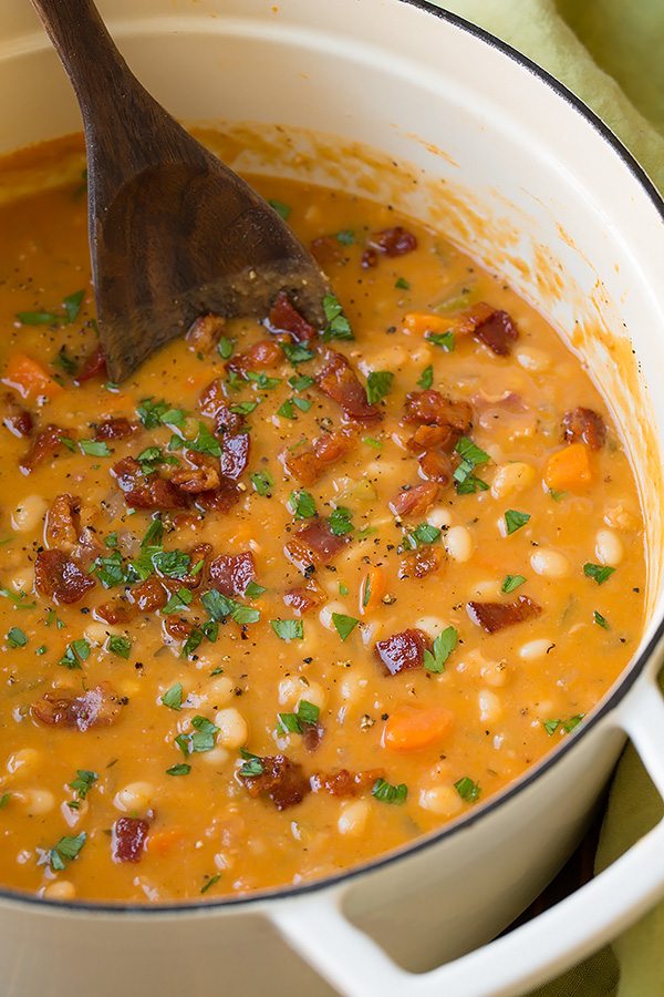 Bean and Bacon Soup in a large white pot.