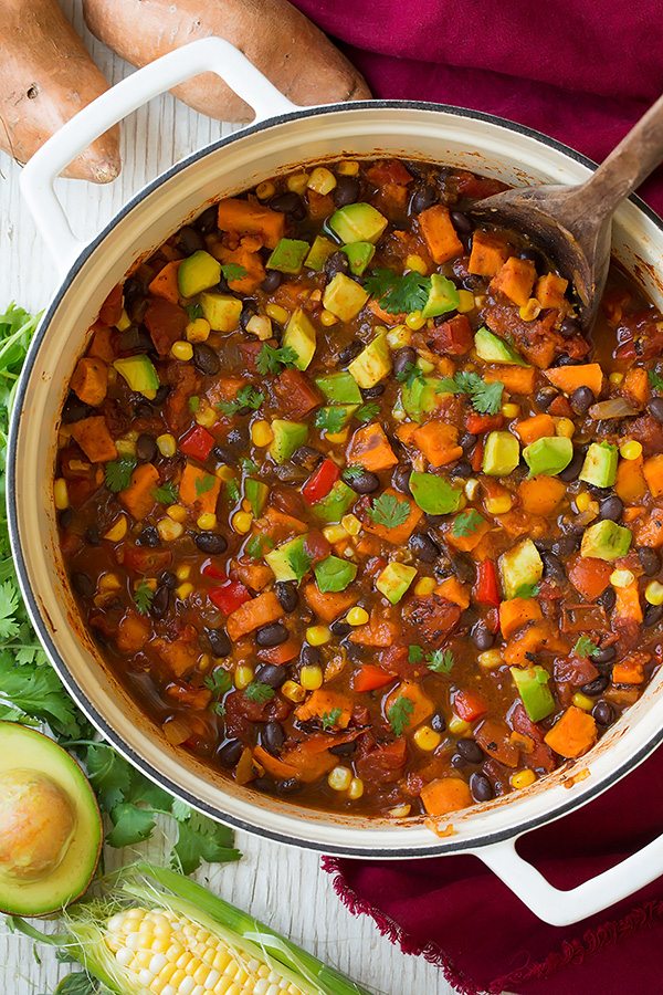 Sweet Potato and Black Bean Chili in a large white pot. 