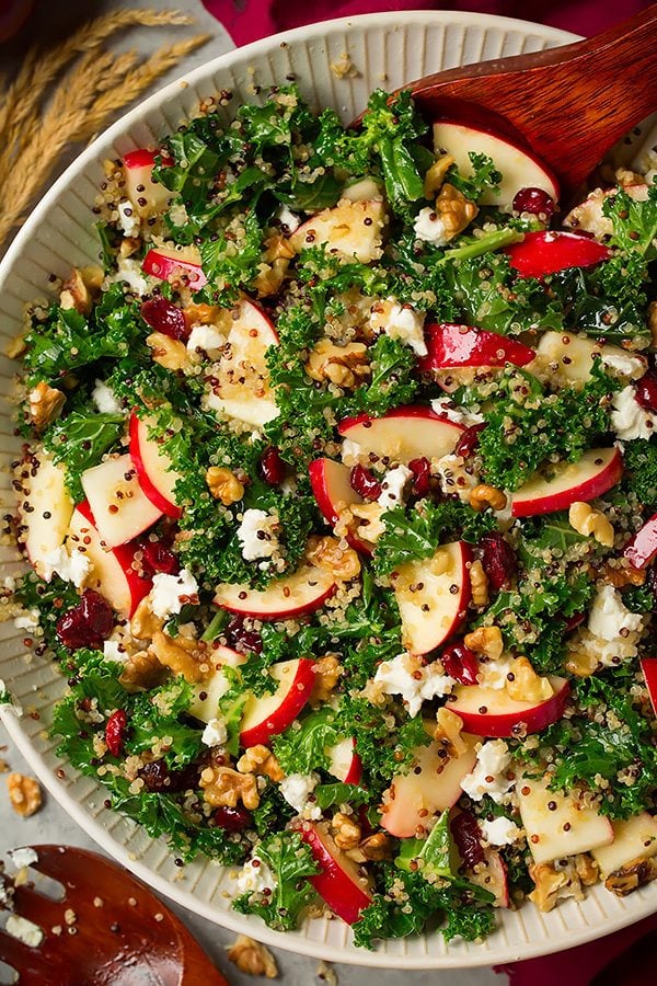 Kale salad with gala apples, quinoa, walnuts, goat cheese, and cranberries in a ceramic serving bowl. It's dressed with a lemon vinaigrette.