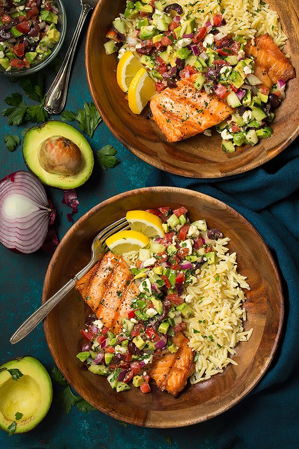 Grilled Salmon with Avocado Greek Salsa and Orzo | Cooking Classy
