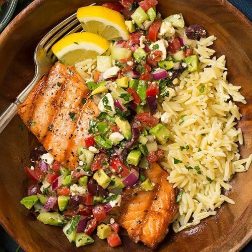 Grilled Salmon With Avocado Greek Salsa And Orzo Cooking Classy