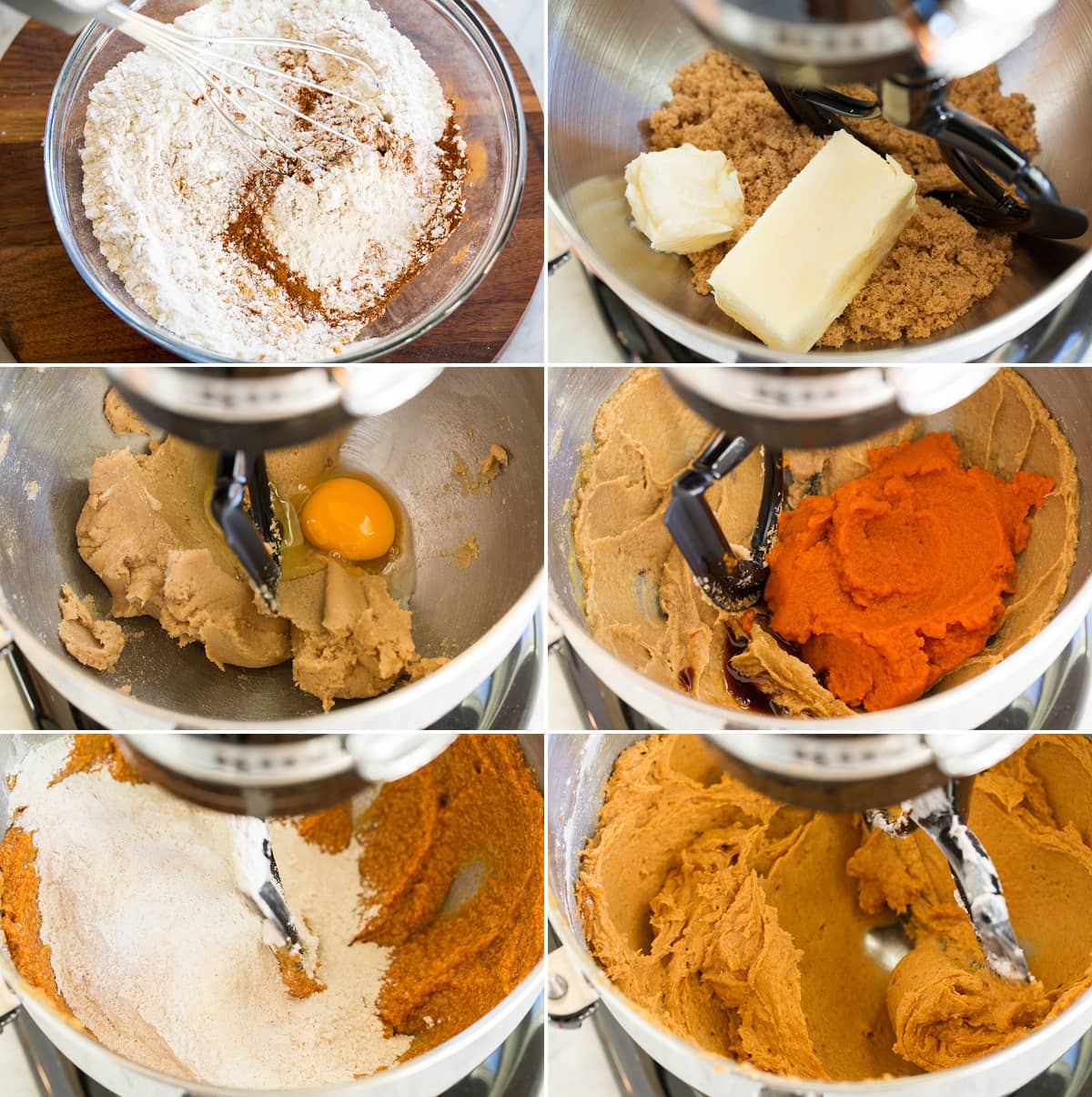 Six photos showing how to make pumpkin cookie dough.