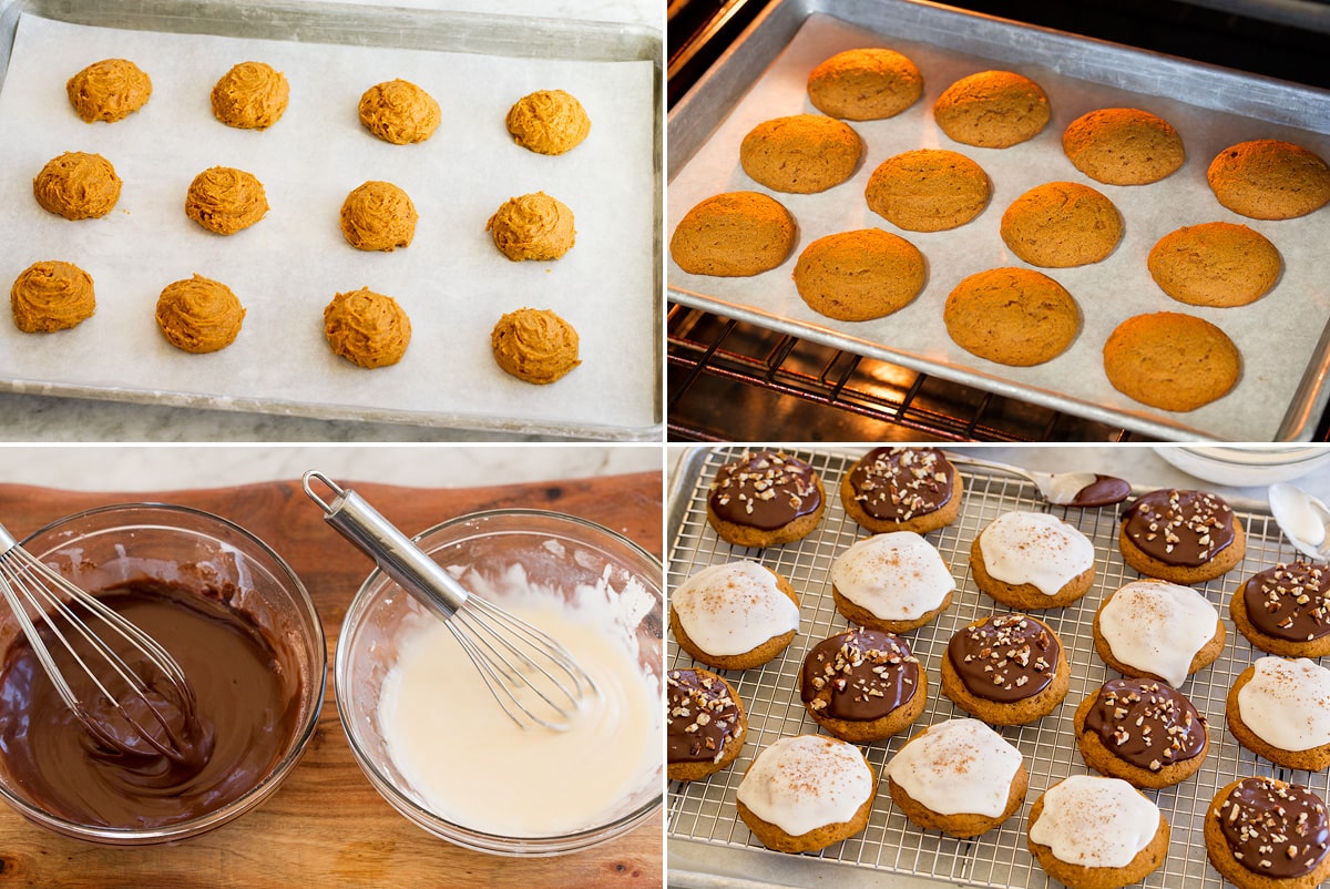 Quattro foto che mostrano come cuocere e guarnire i biscotti alla zucca.