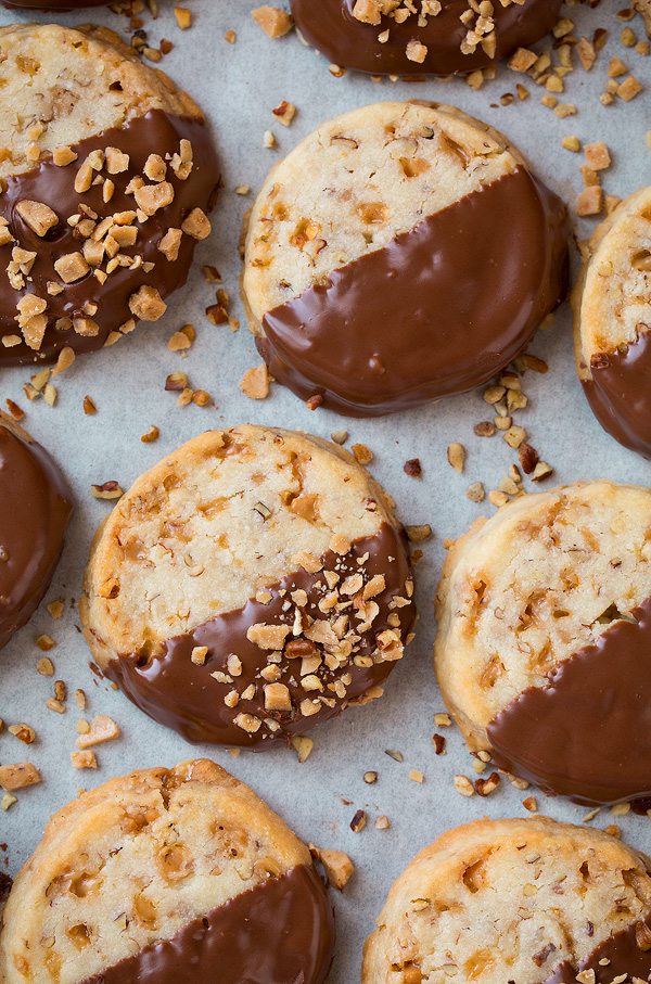 Chocolate Dipped Toffee Pecan Shortbread Cookies | Cooking Classy