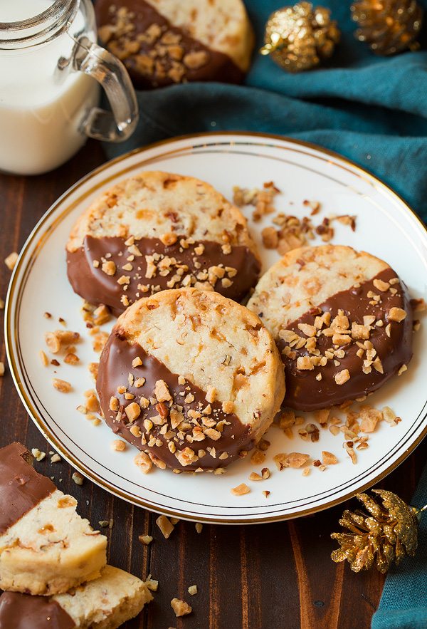 Chocolate Dipped Toffee Pecan Shortbread Cookies | Cooking Classy