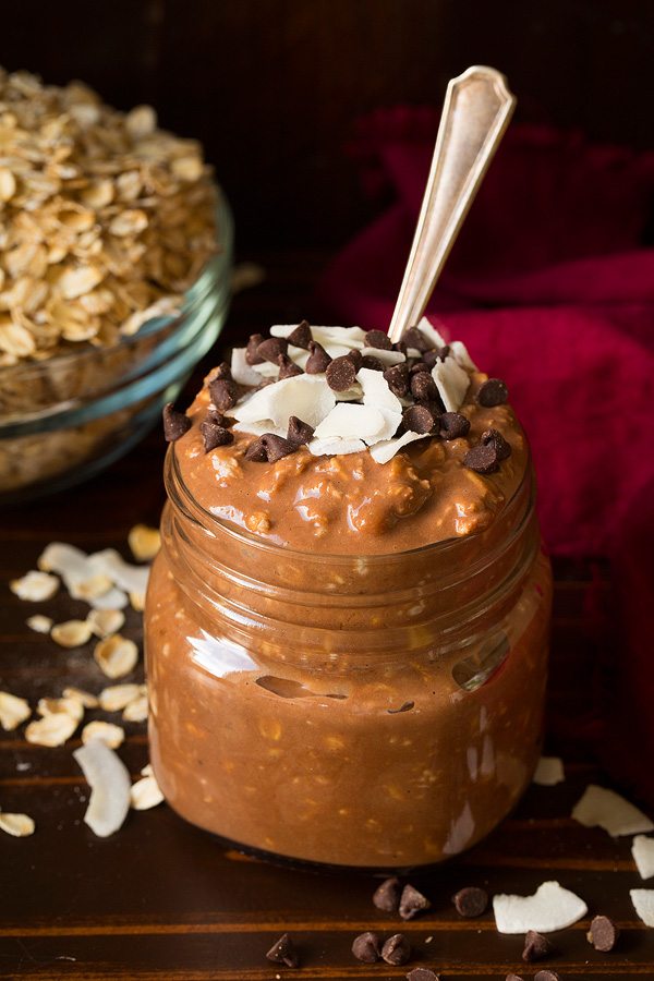 Chocolate Peanut Butter Overnight Oats in Jar with Spoon