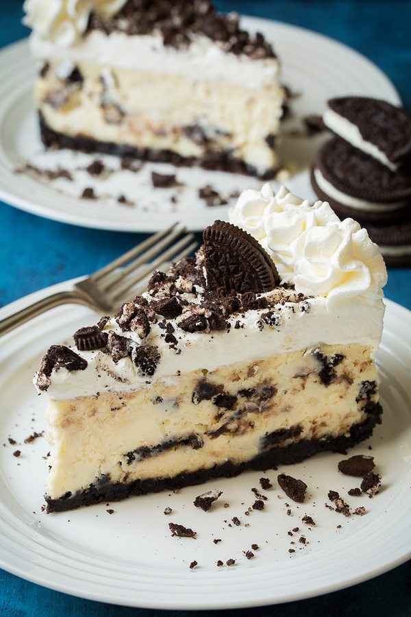 Close up image of oreo cheesecake showing detail. 