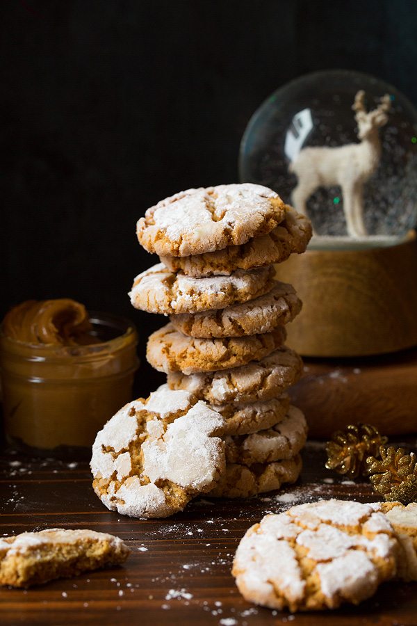 Stack of peanut butter crinkle cookies. 