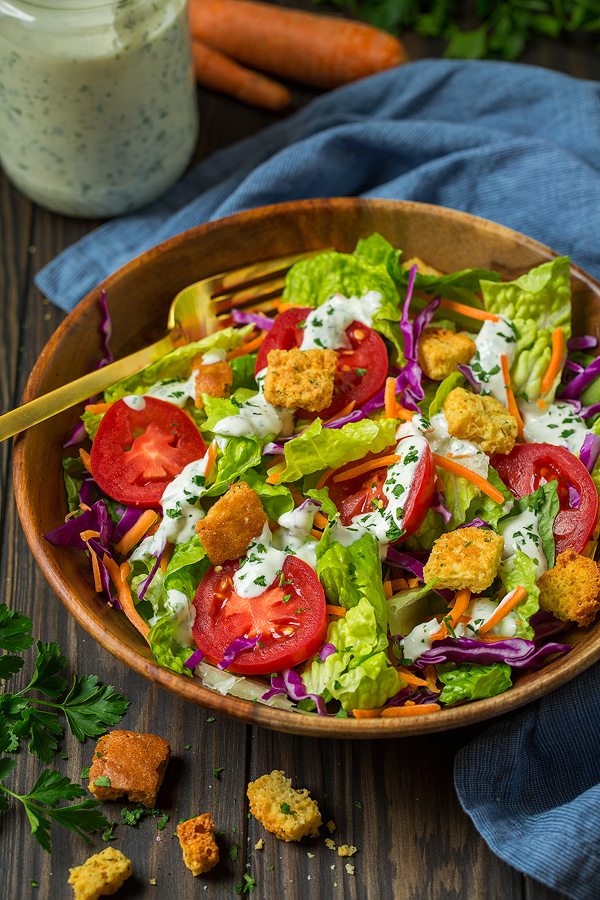 side salad drizzled with the best ranch dressing 