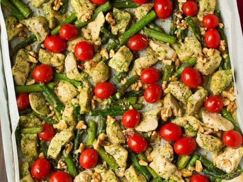 Sheet Pan Pesto Chicken With Asparagus Tomatoes Cooking Classy