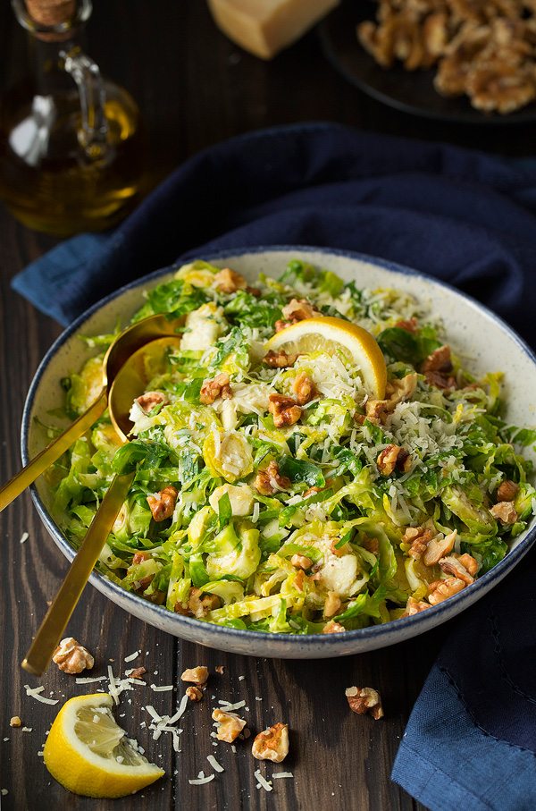 Shredded Brussels Spout Salad with Romano, Toasted Walnuts and Lemon Vinaigrette | Cooking Classy