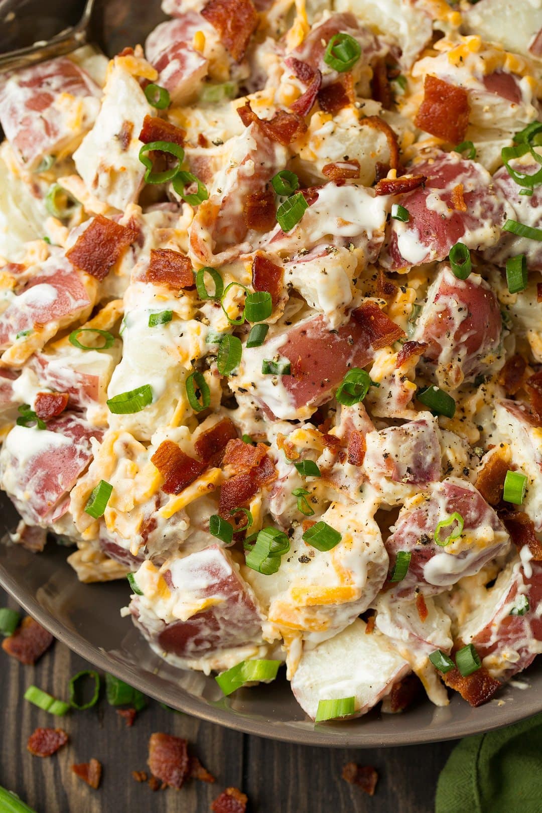 close up shot of cheddar bacon ranch potato salad