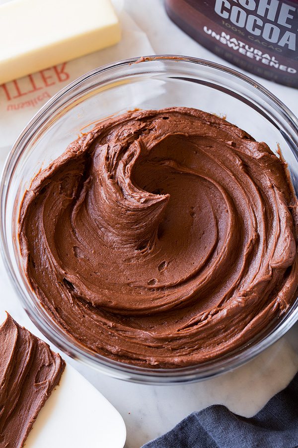 chocolate cupcake frosting in glass bowl