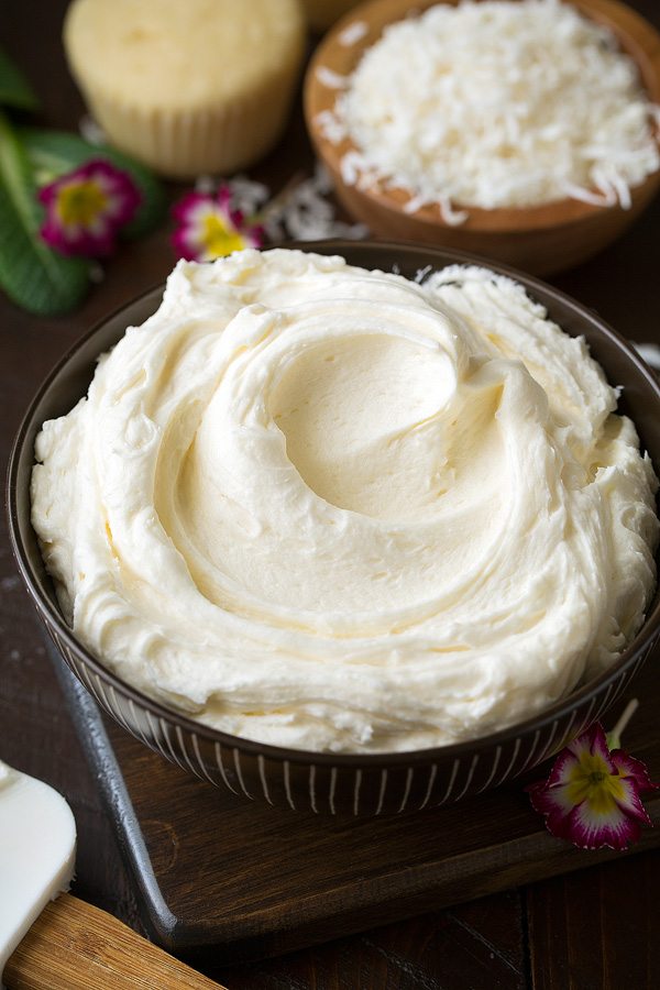 coconut buttercream frosting in bowl