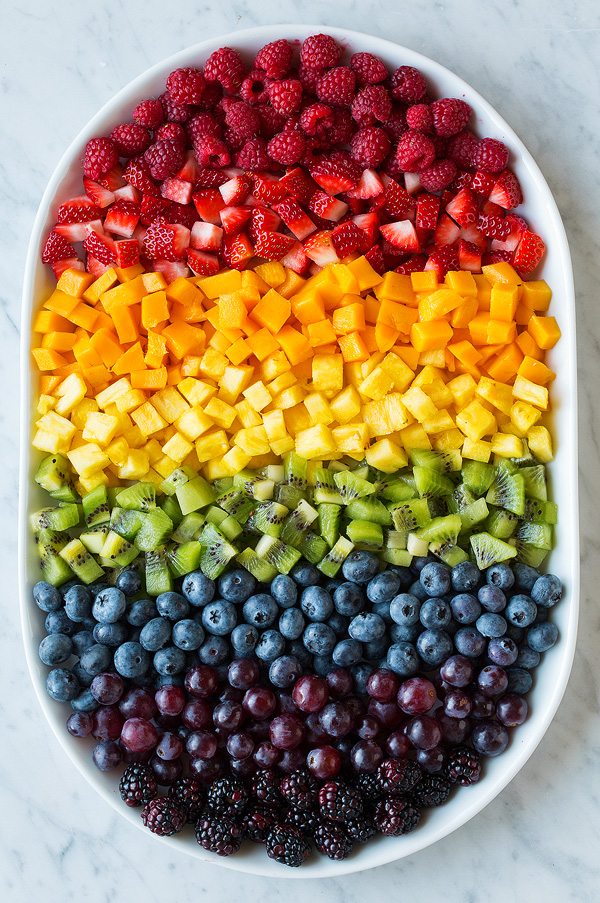 Tray of rainbow fruit for sugar cookie fruit pizzas