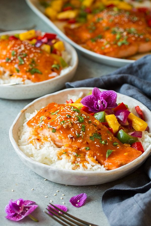 sweet and sour salmon on rice