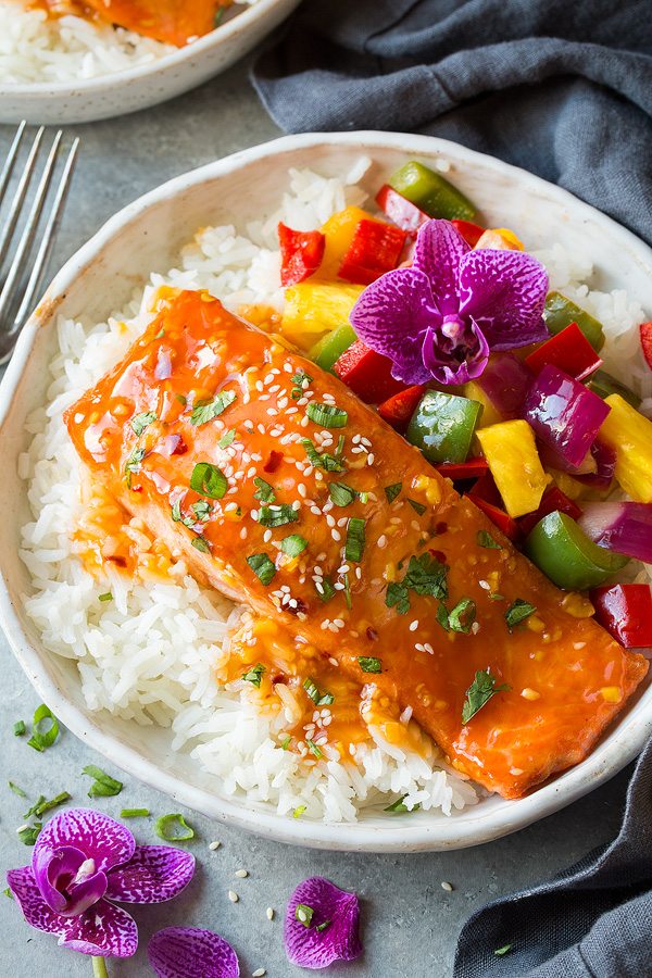sweet salmon on a bed of rice