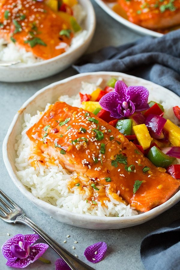 Salmon covered with Sweet and Sour Sauce
