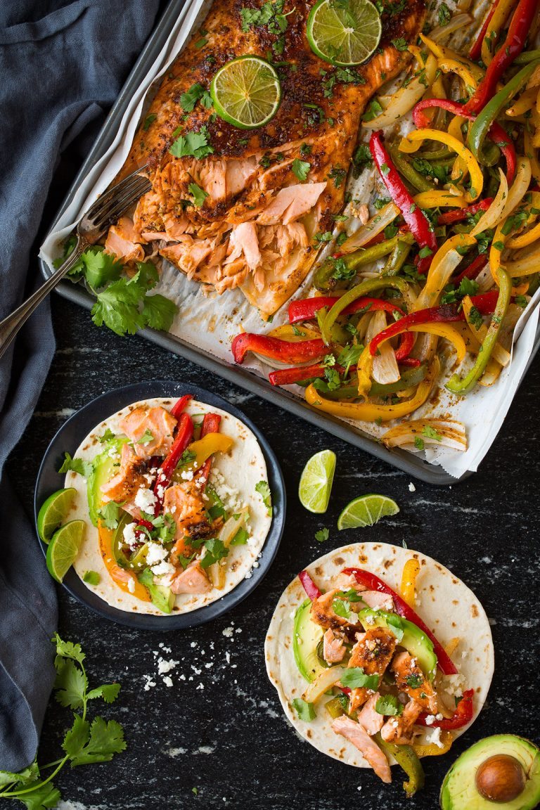 Sheet Pan Salmon and Avocado Fajitas Cooking Classy