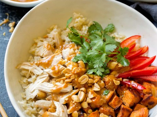 Chicken Veggie and Brown Rice Bowls with Peanut Sauce