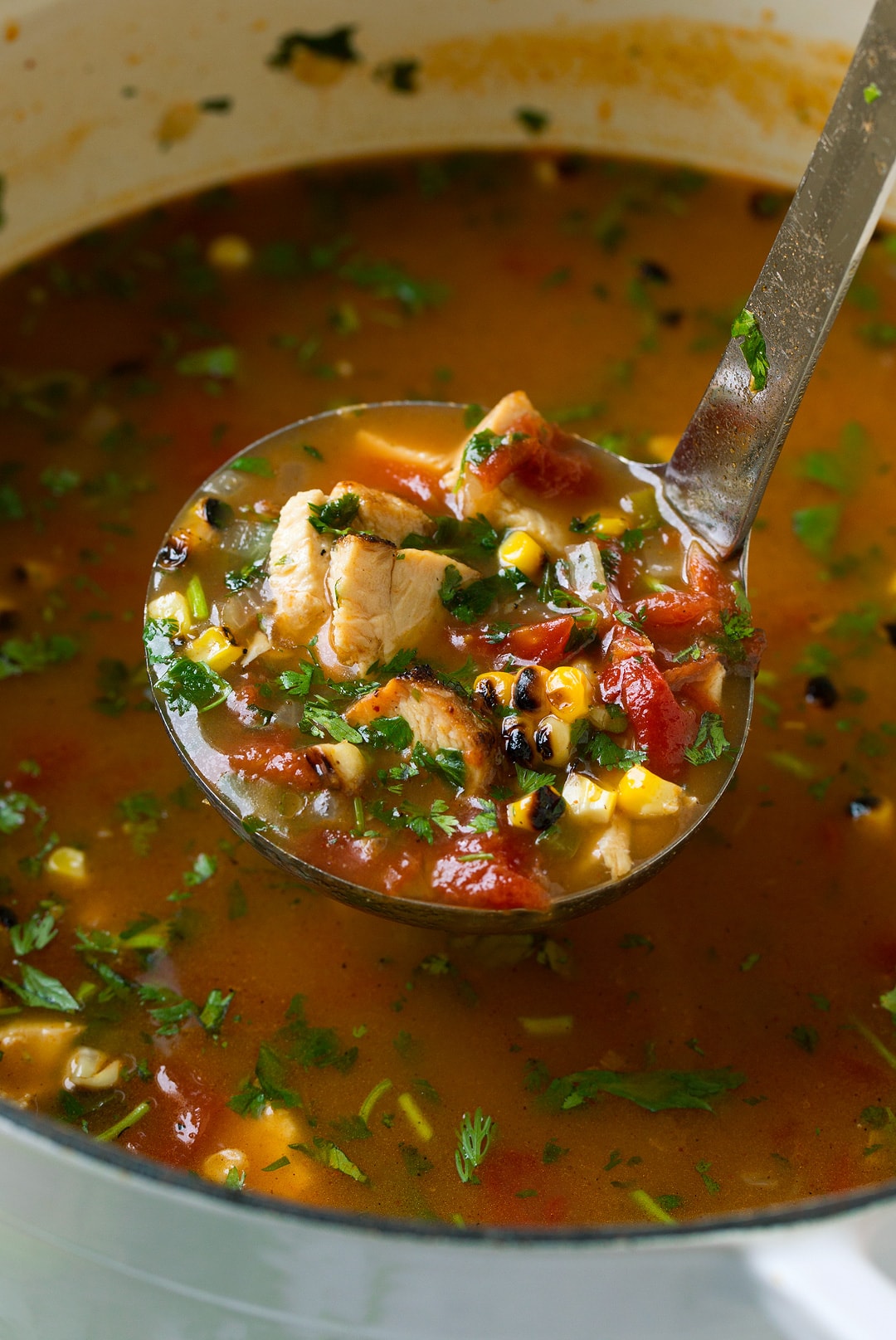 A ladle of Grilled Chicken Tortilla Soup