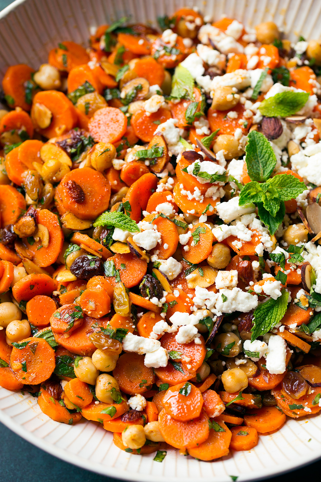 Close up image of Carrot Salad with Chick Peas Raisins and Feta.