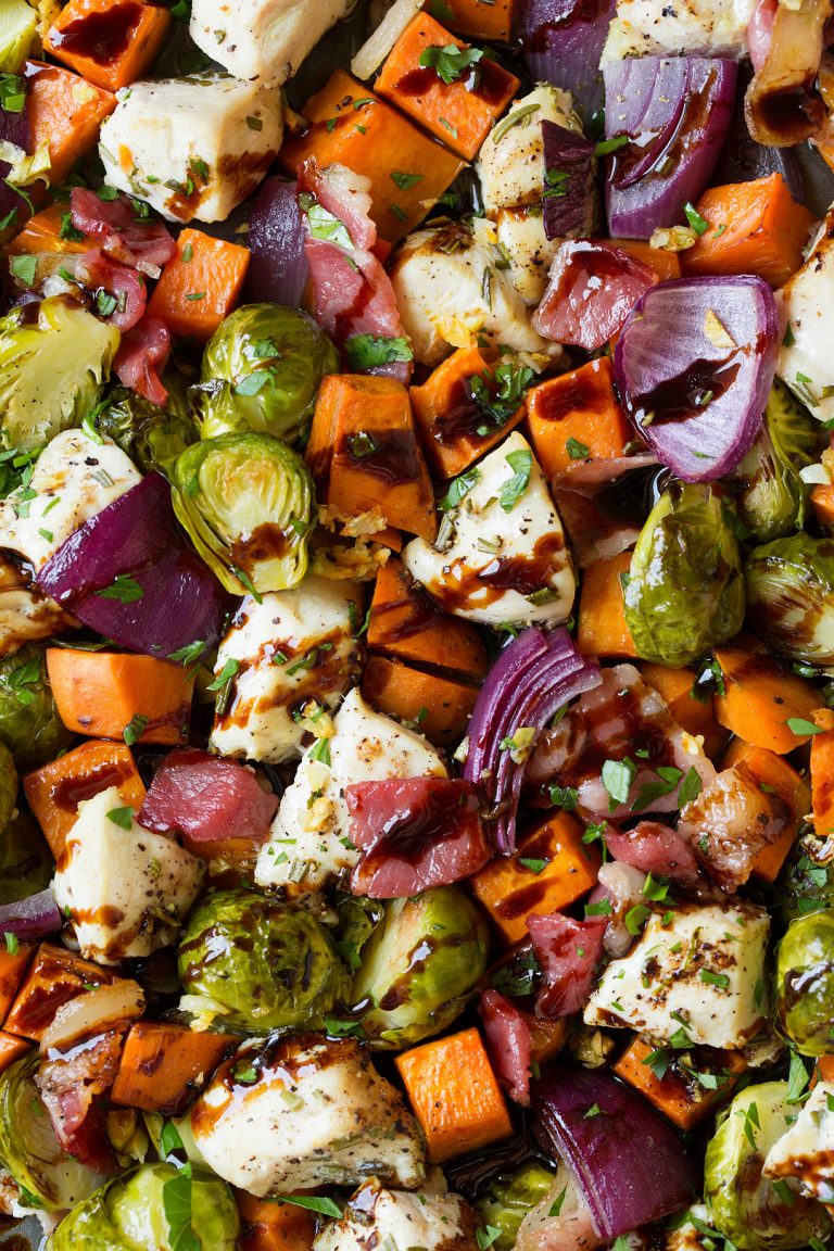 Sheet Pan Chicken Sweet Potatoes and Brussels Sprouts with Bacon and