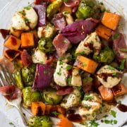 Sheet Pan Chicken Sweet Potatoes and Brussels Sprouts with Bacon and Balsamic Glaze