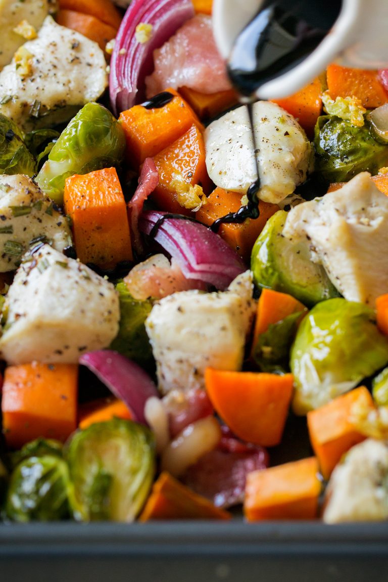Sheet Pan Chicken Sweet Potatoes and Brussels Sprouts with Bacon and