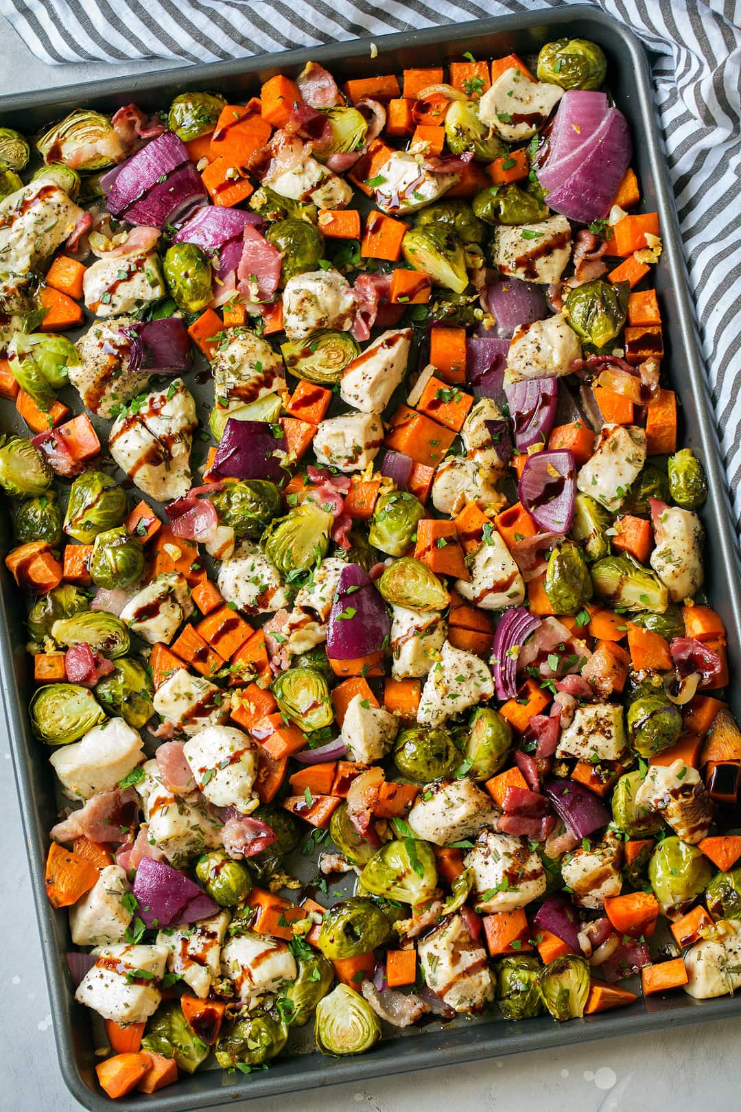 Sheet Pan Chicken Sweet Potatoes and Brussels Sprouts with Bacon and Balsamic Glaze