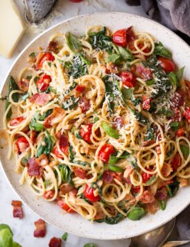 Bacon Spinach and Tomato Spaghetti