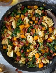 One Pan Creamy Tortellini with Butternut Squash Kale and Bacon