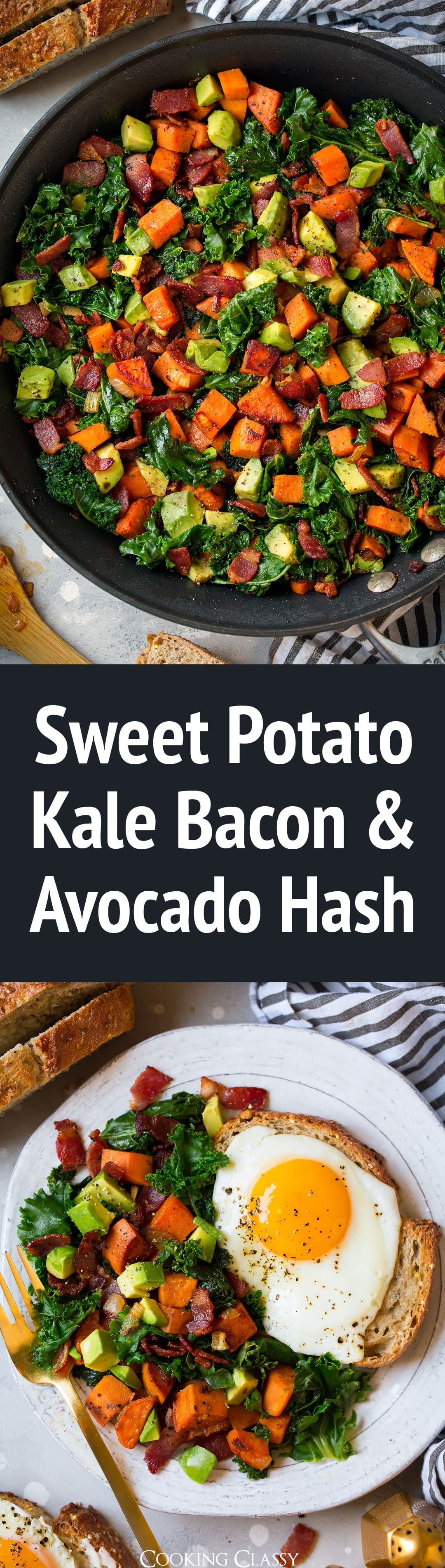 Sweet Potato Kale Bacon and Avocado Hash - Cooking Classy