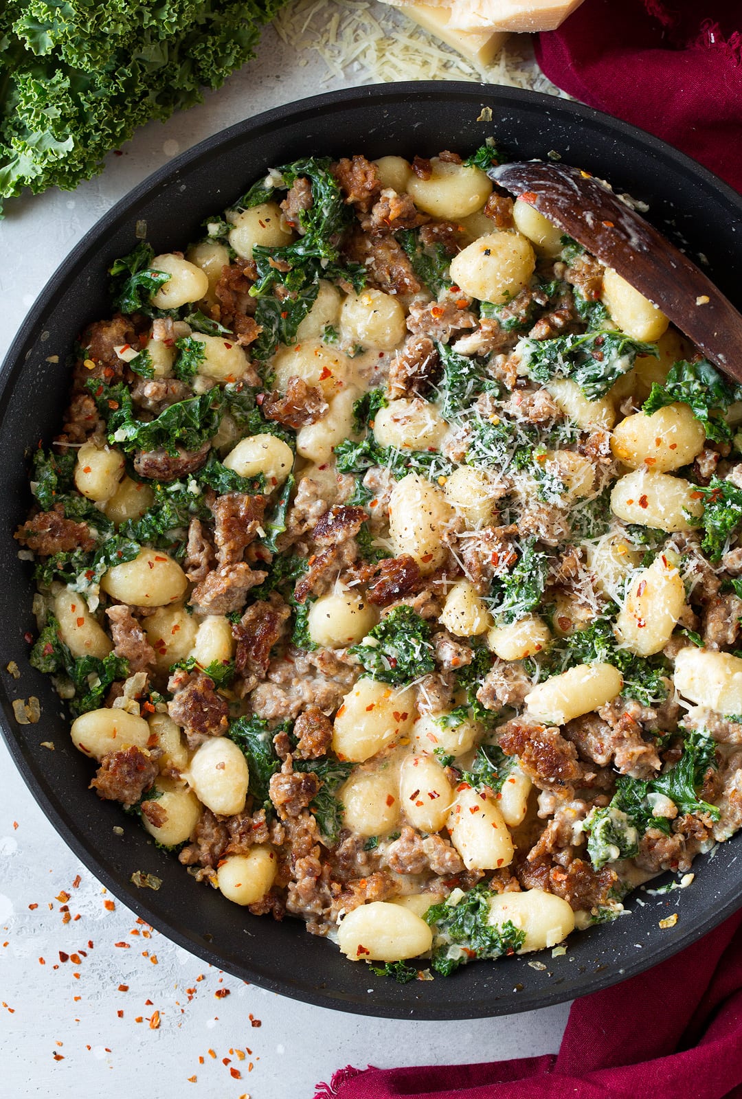 One Pan Creamy Gnocchi Recipe with Italian Sausage and Kale