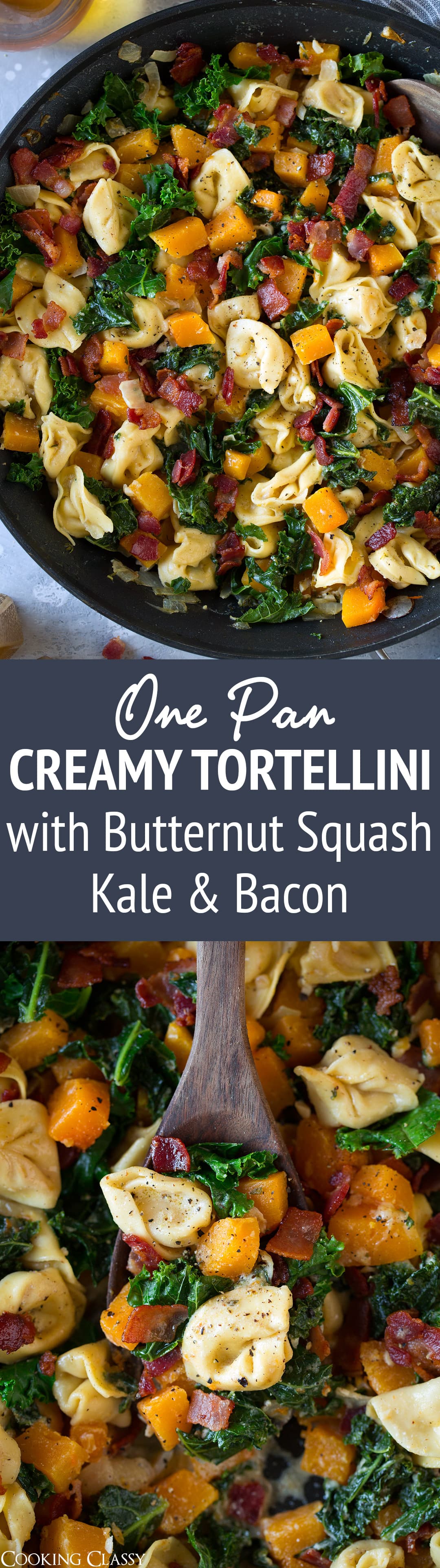 One Pan Creamy Tortellini with Butternut Squash Kale and Bacon - This is the perfect fall tortellini dinner! Deliciously creamy and cheesy with an amazing flavor combination. So hearty and so satisfying! #tortellini #butternutsquash #kale #bacon #skillet #recipe