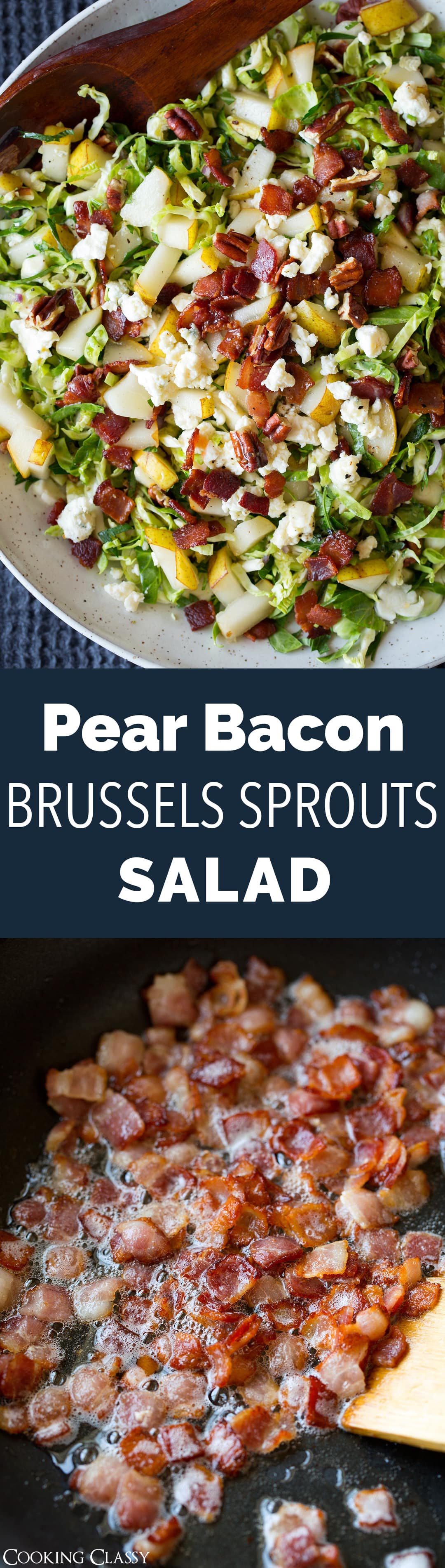 Pear Bacon and Brussels Sprout Salad - A delicious autumn pear salad that's brimming with bacon, nutty toasted pecans, tangy gorgonzola cheese, all with a base of finely shredded raw brussels sprouts. So delicious!