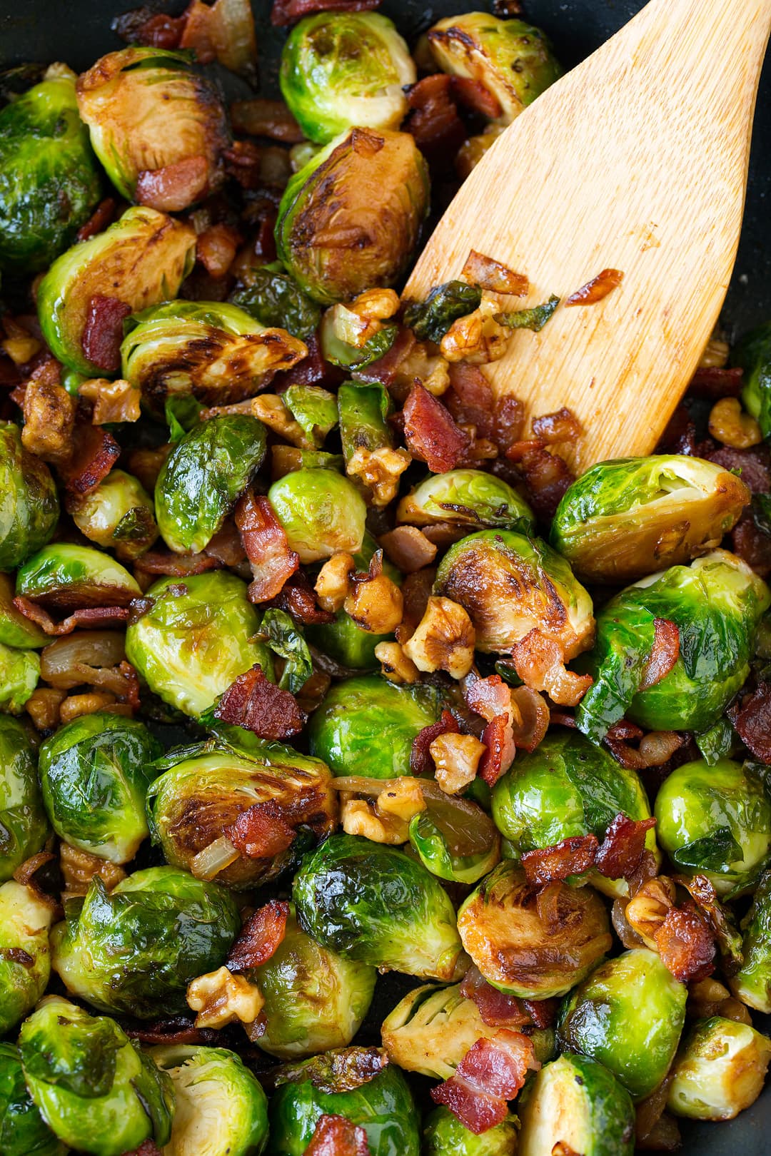 Sauteed Brussels Sprouts with Bacon Onions and Walnuts