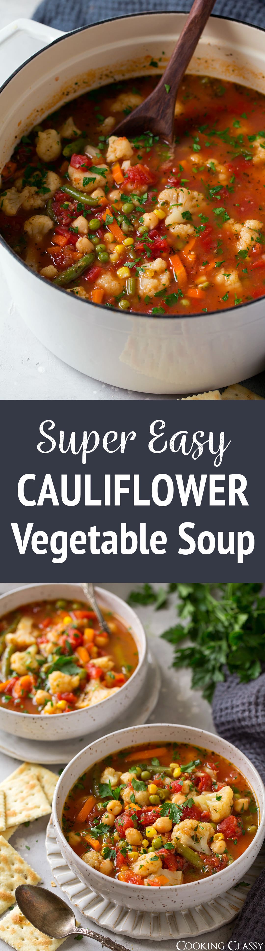 Super Easy Cauliflower Vegetable Soup - this vegetable soup is about as easy as it gets! Most of the veggies are pre-cut so the tedious part is already done. Perfect for busy days and those dreadful sick days. It also makes great leftovers for lunch.