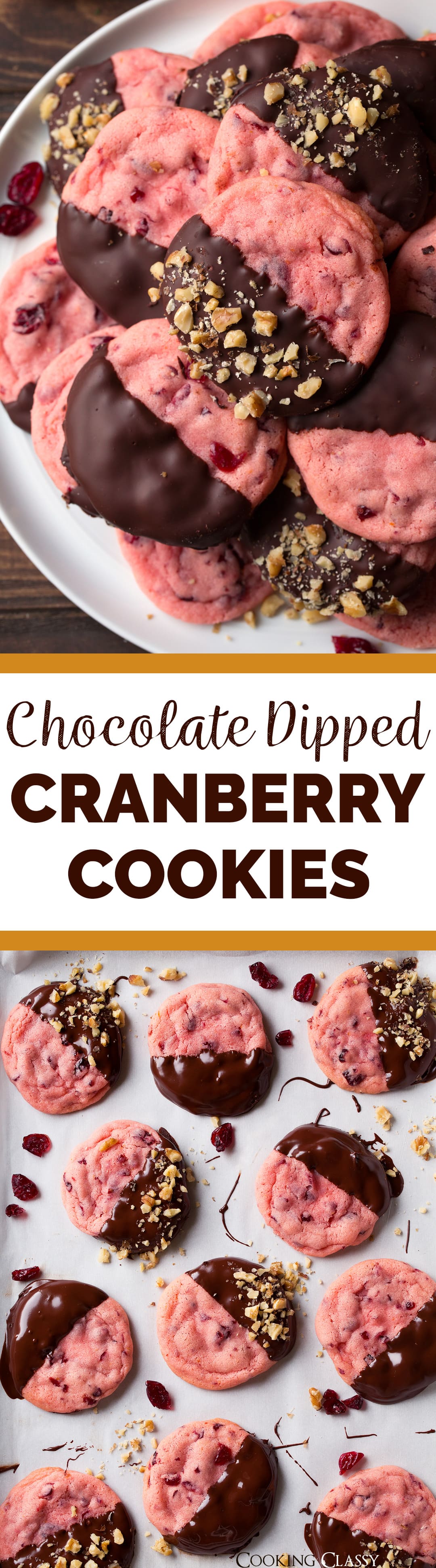 Chocolate Dipped Cranberry Cookies - These are deliciously decadent cookies that are perfect for the holiday season! Chewy cherry-cranberry flavored cookies are dipped in dark chocolate and sprinkled with walnuts if desired. So much goodness in one pretty-in-pink cookie! #christmas #cranberry #chocolate #cookie #recipe #dessert #holidaybaking
