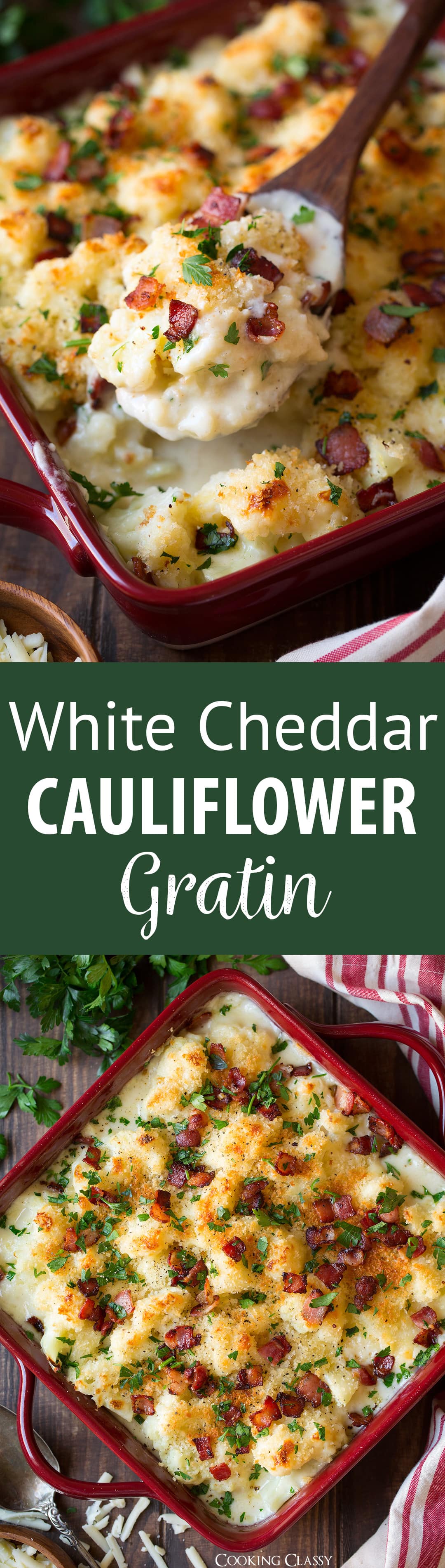 White Cheddar Cauliflower Gratin - Cauliflower is coated with a rich, creamy, cheesy sauce, covered with Panko and baked to perfection. And let's not forget the bacon! The perfect comforting side dish on chilly evenings, also the perfect addition to your holiday menu. #thanksgiving #sidedish #recipe #cauliflower #gratin