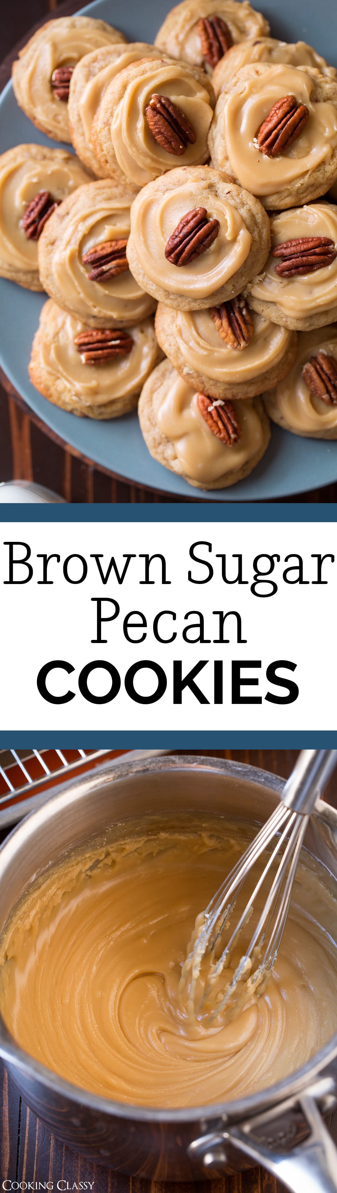 Brown Sugar Pecan Cookies - A chewy cookie brimming with toasted pecans and covered with a caramel or penuche-like frosting. Such a delicious holiday cookie! #christmascookies #dessert #recipe #christmas #pecancookies