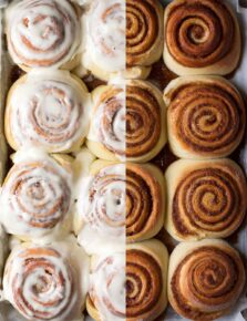Cinnamon rolls shown before and after frosting on each half of the image.
