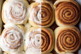 Cinnamon rolls shown before and after frosting on each half of the image.