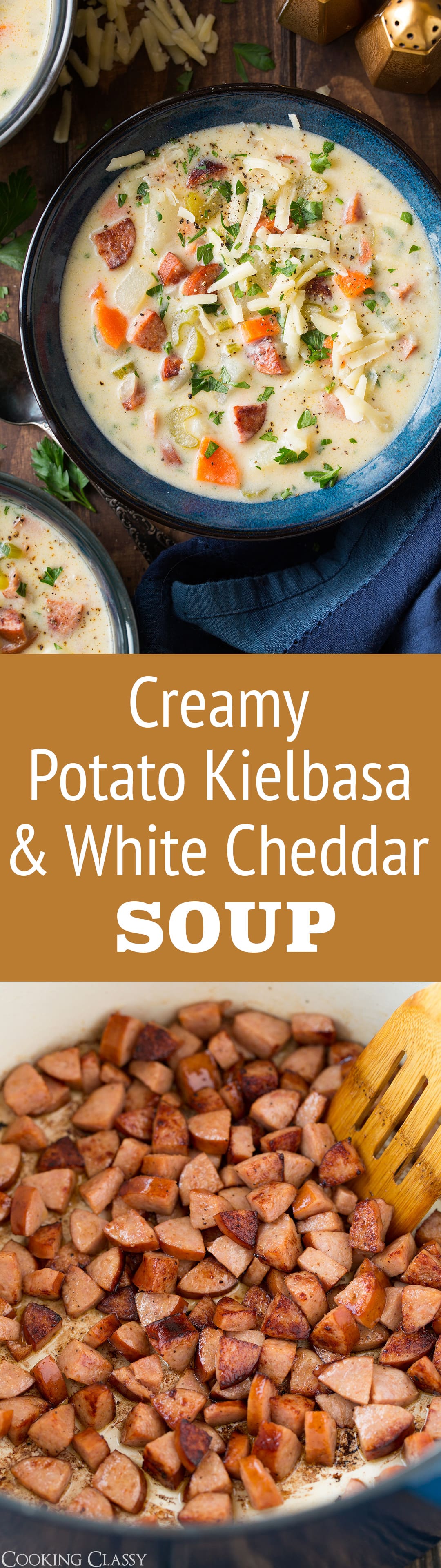 Creamy Potato Kielbasa and White Cheddar Soup - An incredibly filling and perfectly comforting soup for a chilly day! It has a delicious flavor blend of sausage, white cheddar and potatoes and chances are the whole family will love it! #soup #sausage #potatosoup #dinner #comfortfood