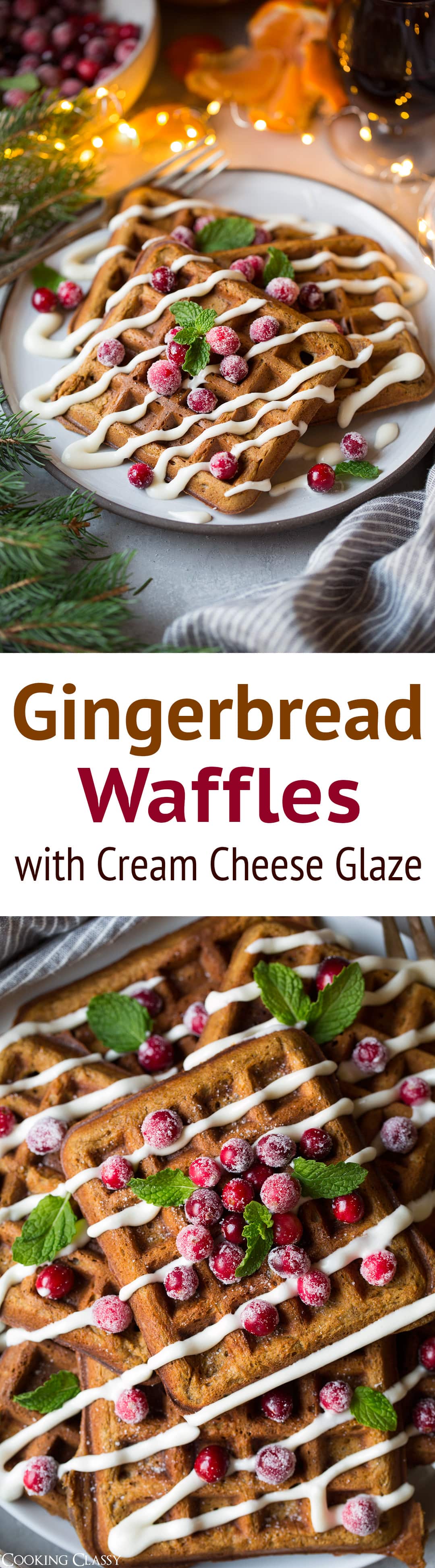 Gingerbread Waffles - the perfect Christmas breakfast! They're soft and moist and deliciously spiced and flavorful. And that cream cheese frosting just takes them to next level amazing! #gingerbread #waffles #christmas #christmasbreakfast