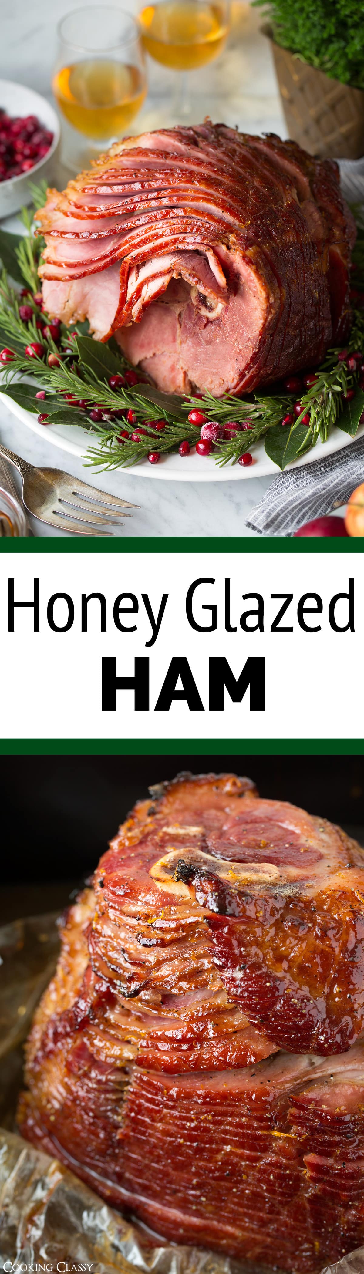 An amazingly delicious holiday ham! Baked in an oven bag and cooked at a low temperature so you don't end up with dry slices. And that sweet honey glaze is the perfect finish to the salty hickory smoked ham. #honeyglazedham #ham #christmas #easter #thanksgiving #recipe