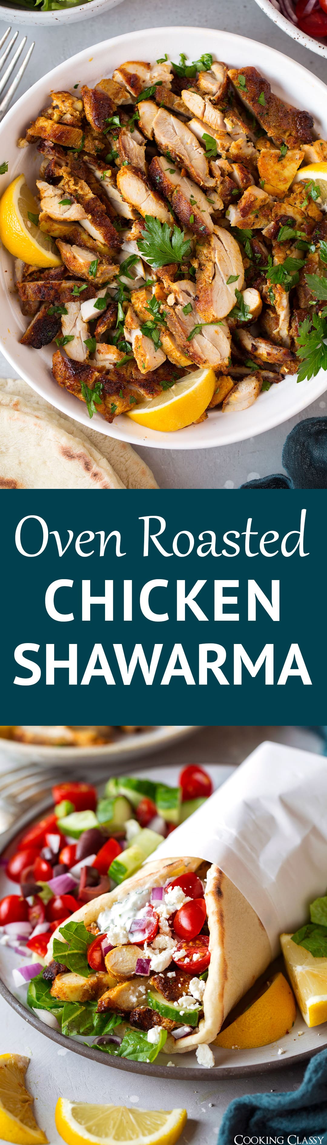 Oven Roasted Chicken Shawarma - it's is all of my dinner dreams come true! This Middle Eastern inspired chicken is boasting with a delicious blend of spices, it's perfectly golden brown with a tender interior and crisp edges and it's so easy to make. #chicken #recipe #healthyrecipe #chickenshawarma
