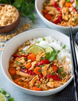 Slow Cooker Thai Chicken Curry in a white bowl