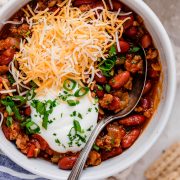 Close up image of turkey chili.